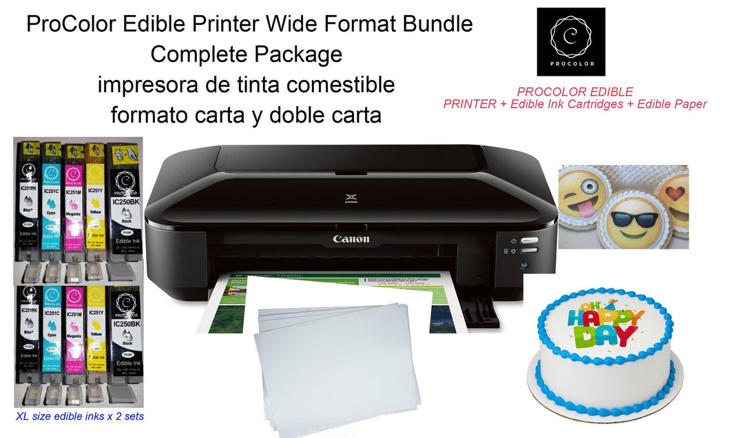 ProColor Edible Printer- Wide Format Bundle with 2 sets edible cartridges, Impresora De Tinta Comestible Formate Carta y Doble Carta, Amplio